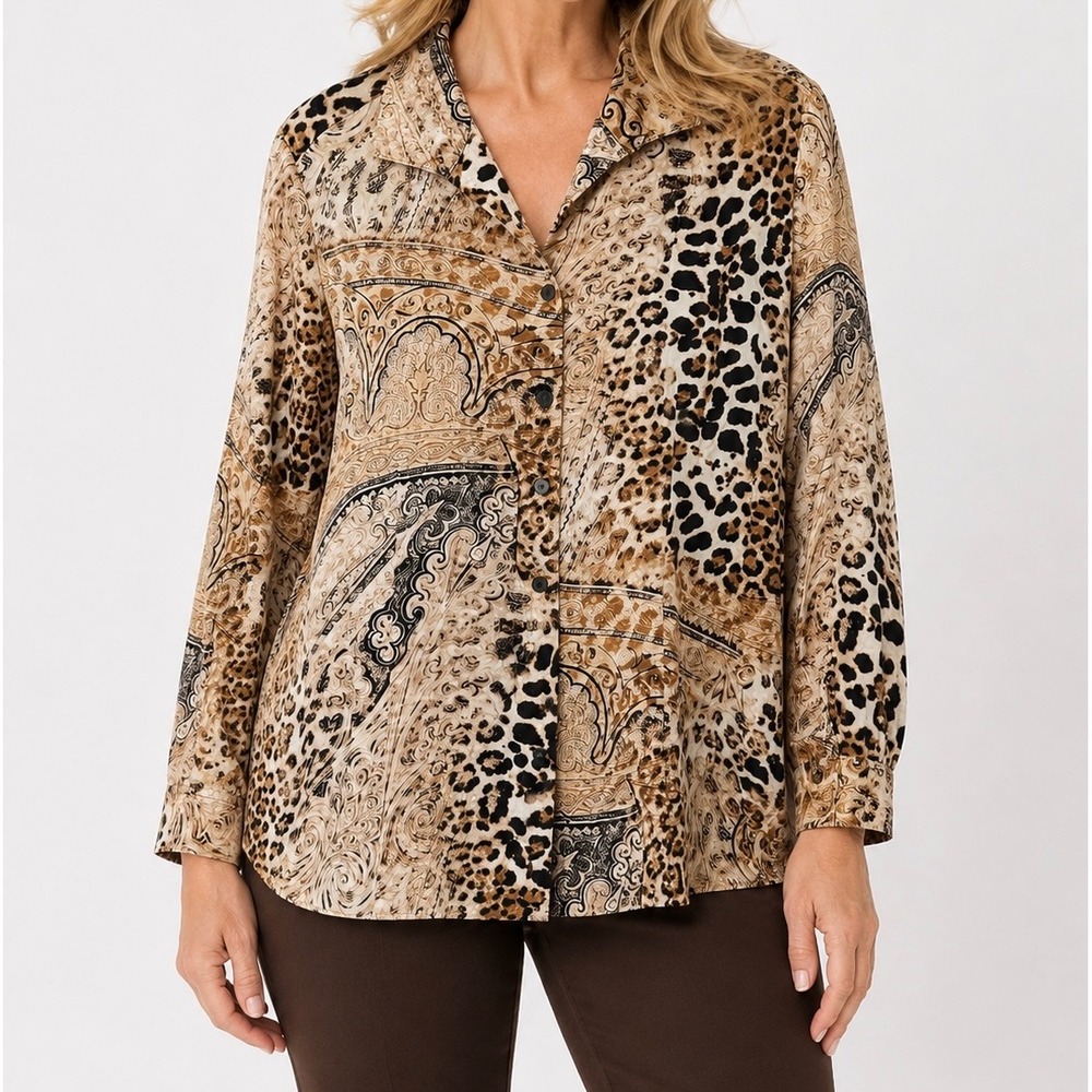 Chico's Women Size 2 large Leopard Paisley Mixed Print Button Down Shirt Brown